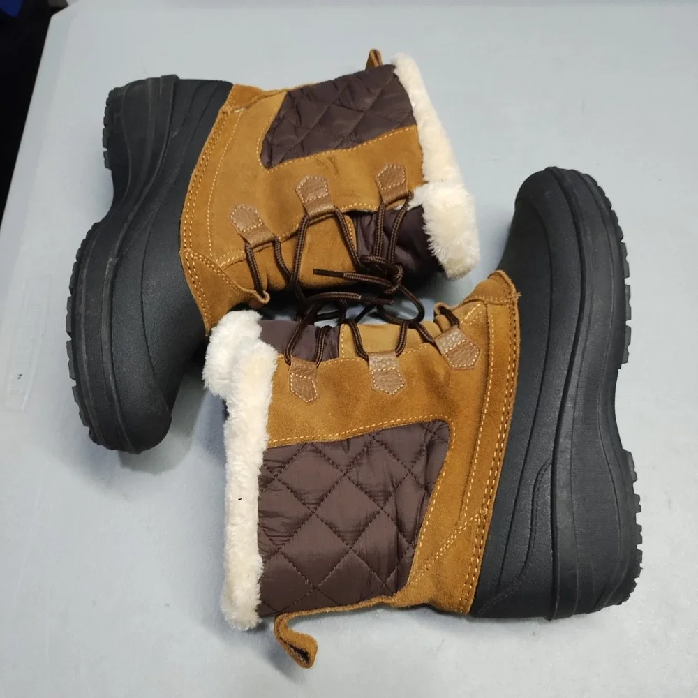 Lands' End Winter Boots Womens US 9B Brown Black Quilted Faux Fur Lined Lace Up